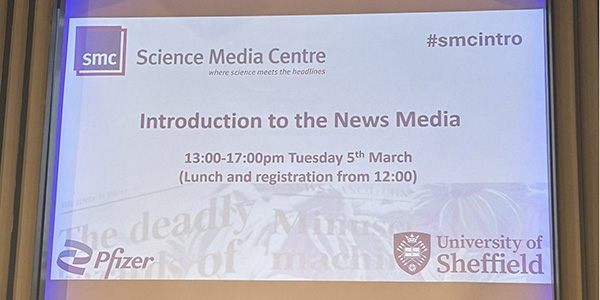 Text reads: Science Media Centre. Introduction to the News Media. 1pm to 5pm, Tuesday 5 March (Lunch and registration from 12pm).